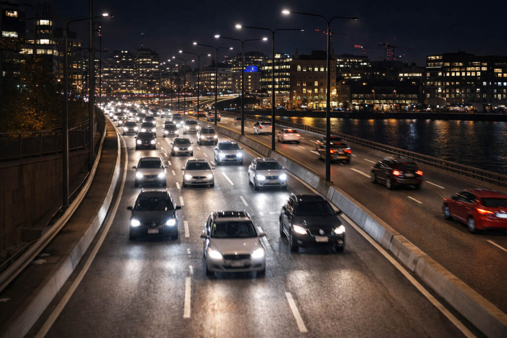 Bilar som åker på en väg på kvällen.