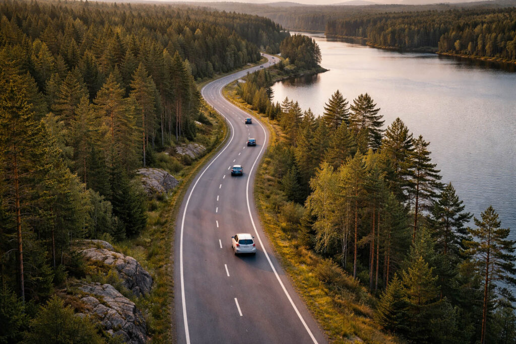 Bilar som åker på en stor landsväg omgiven av en sjö och skog.
