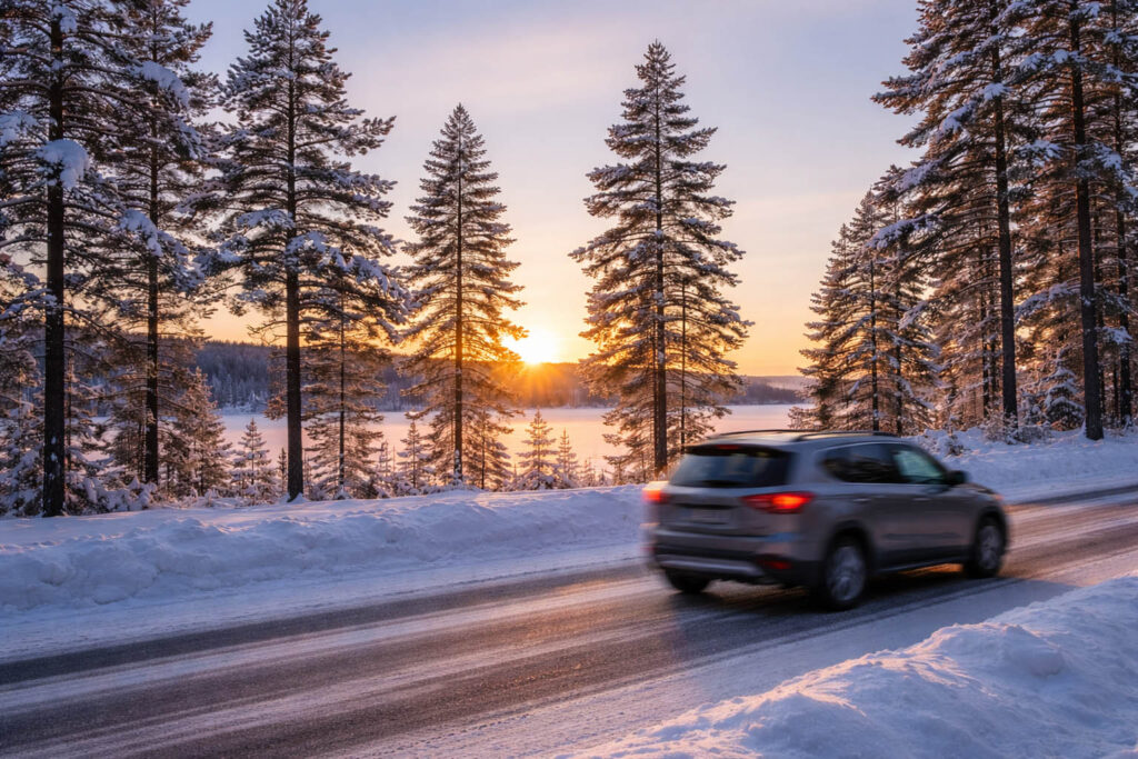 Bil som åker på en landsväg på vintern i kvällssol.